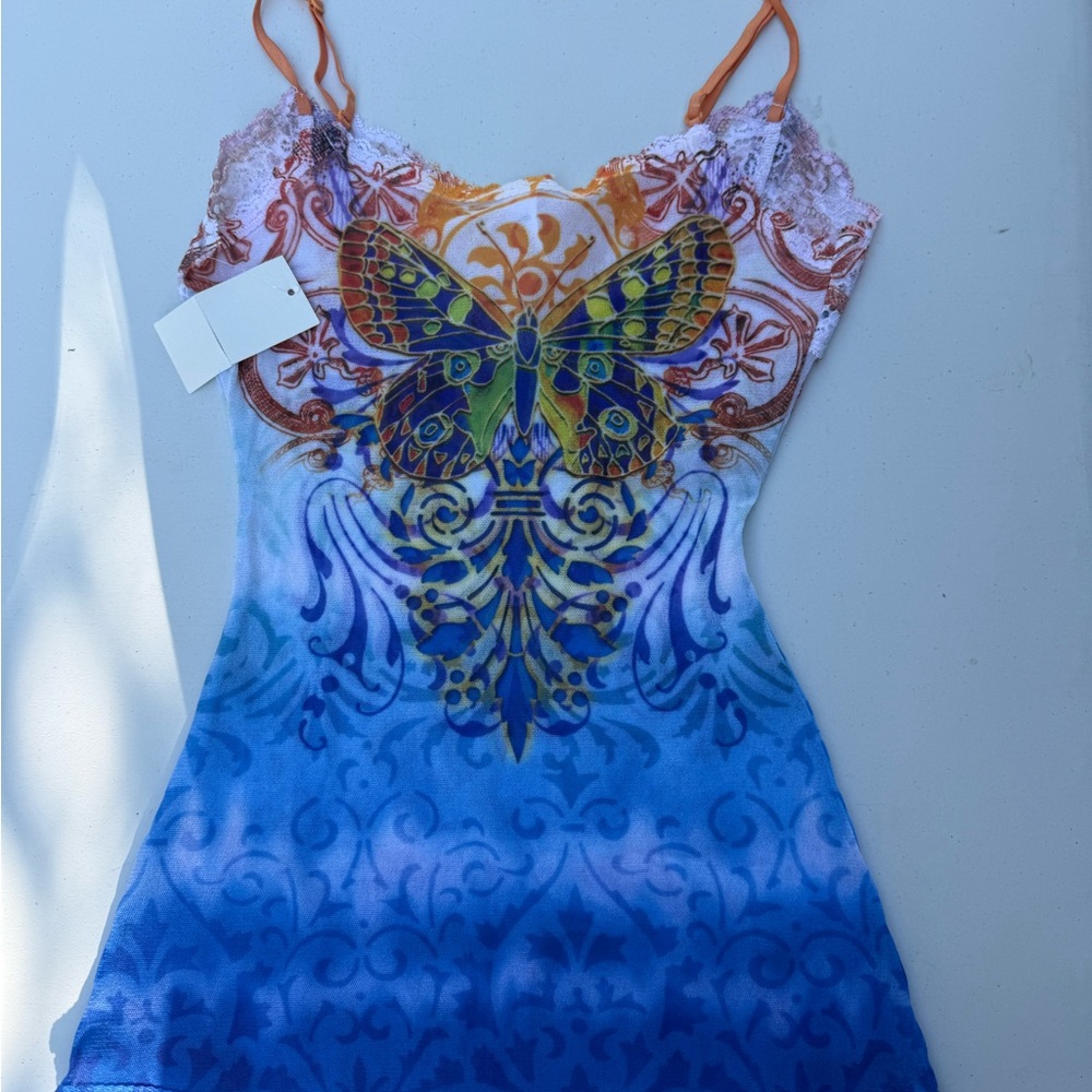 Butterfly Print Lace-Trim Camisole in Multicolor Blue-Orange